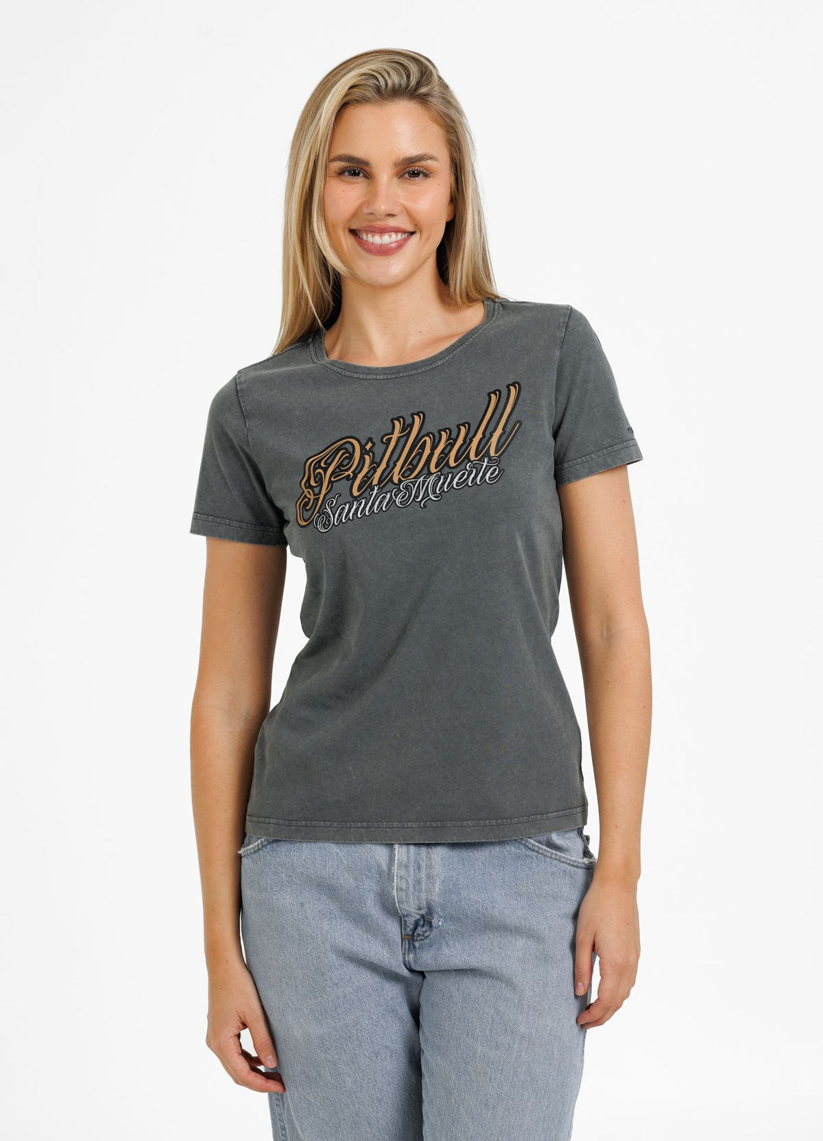 Damen T-Shirt Denim Washed Santa Muerte