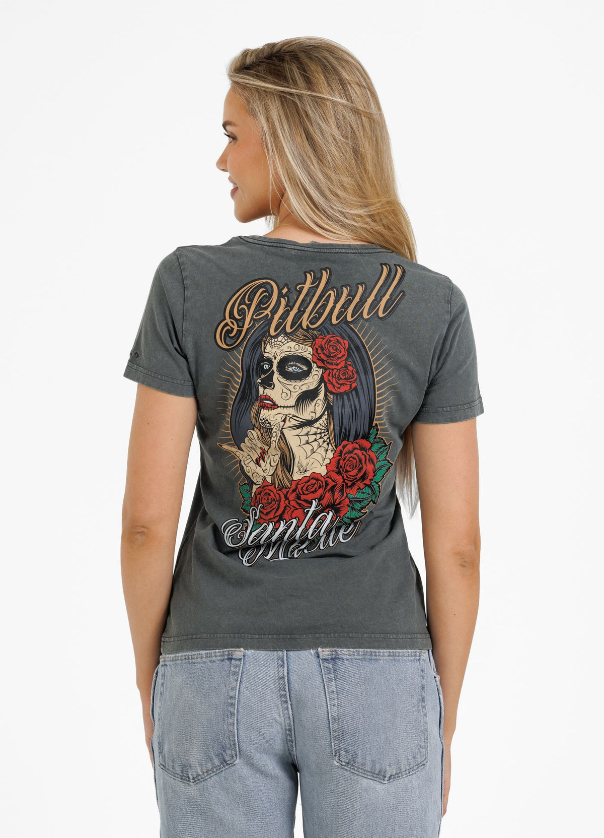 Damen T-Shirt Denim Washed Santa Muerte