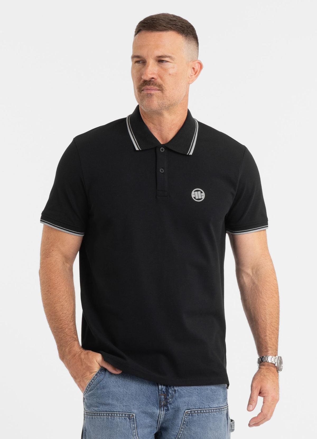 Poloshirt Pique Stripes Regular - Schwarz
